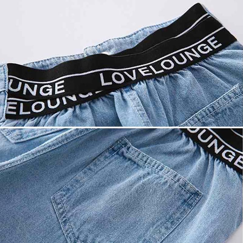 Комплект детской одежды из 2 предметов, весенне-летние костюмы для девочек, джинсовые шорты с высокой талией, топы со средними рукавами и буквенным принтом, комплект одежды