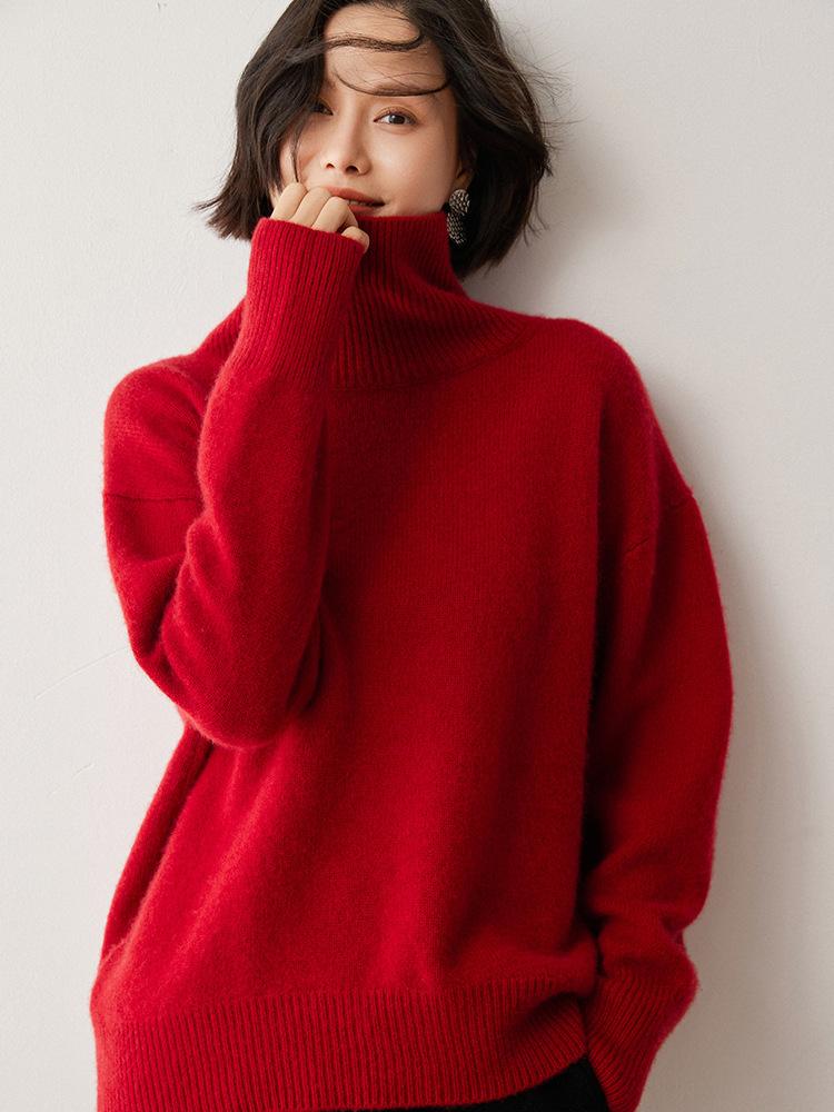 Зимний женский вязаный пуловер свободного кроя с высоким воротом