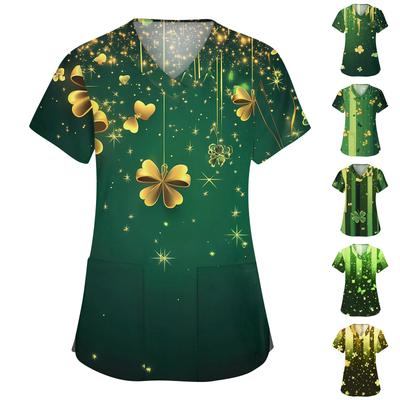 Женская мода с v-образным вырезом, короткими рукавами и карманами, топы с принтом