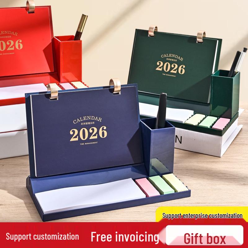 2026 год Лошади Деревянный настольный календарь и многофункциональный стакан для ручек Подарочный набор.