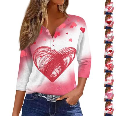 Жен. Футболка Футболка С принтом Пуговицы Рукав 3/4Ежедневно Выходные Мода Классический Топ с v-образным вырезом Обычный