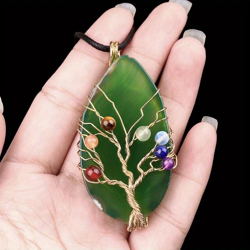 Natural Agate Stone Life of Tree Pendant Necklace Rough Wire Winding Pendant Sweater Chain Jewelry Women's for Necklace 7 Chakra