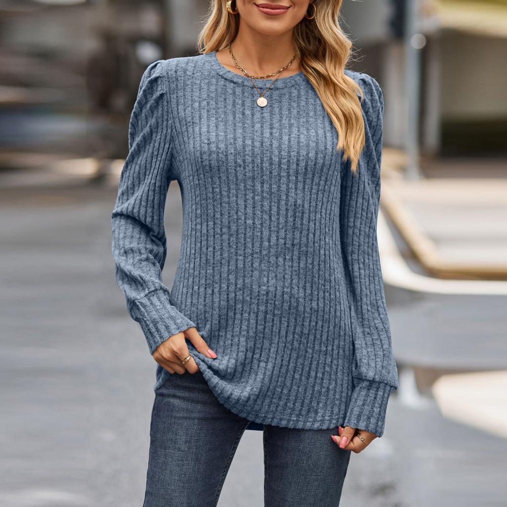 Женская однотонная футболка с круглым вырезом в полоску с круглым вырезом и длинными рукавами