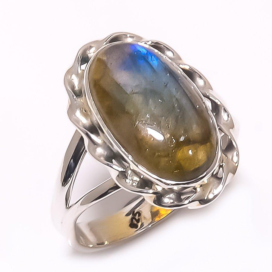 Кольцо из чистого серебра 925 пробы с натуральным лабрадоритом ручной работы, размер 9 s3p90