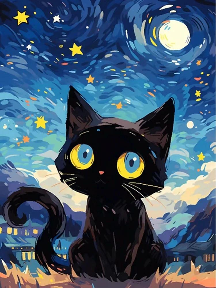 Абстрактное Звездное Небо и Черный Кот Постеры и Принт Холст Живопись Настенное Искусство Картины Для Гостиной Дома Фреска Украшение Подарок