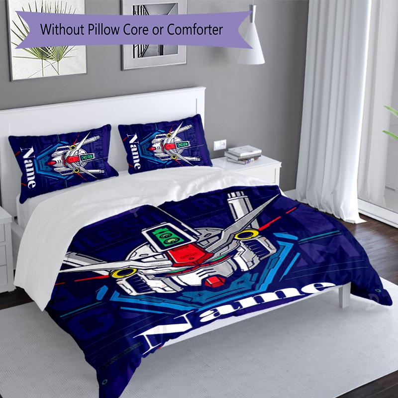 3pcs Custom Name Mobile Suit Gundam Set,Includes 1 Duvet Cover and 2 Pillowcases,All-season Bedroom Decor