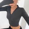 Spring Fashion Women's New Long Sleeved Zipper Half Open Collar Exposed Navel Versatile Slim Fit T-shirt