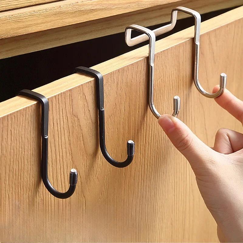 Stainless Steel Double-S Shaped Door Back Hook Non-Punch Closet Cabinet Door Sundries Universal Hook Kitchen Bathroom Organizer