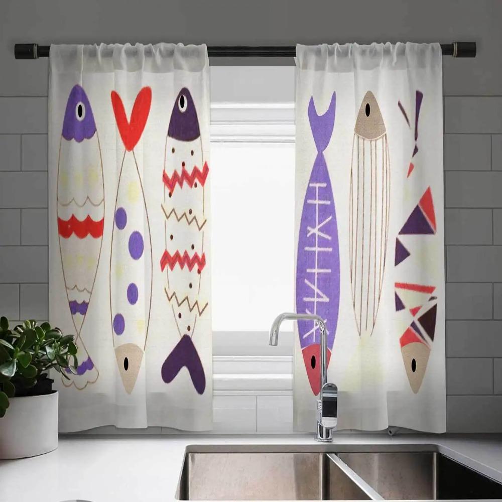 2-панельные шторы с принтом «Кот Фортуны» Шторы для кухни с рыбками Кухонные жалюзи Оконные шторы 75% затемнения Кофейные шторы