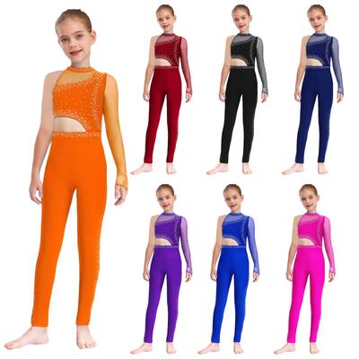 Комбинезон для гимнастики для девочек, прозрачная сетка пэчворк, вырез, асимметричный дизайн, воротник-стойка, сверкающие стразы, трико с длинным рукавом