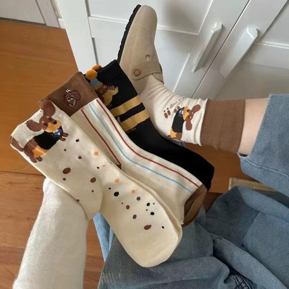 4 Pairs Embroidered Puppy Mid Calf Socks Warm Kawaii Striped Socks Fashion Dog Crew Socks Daily Use