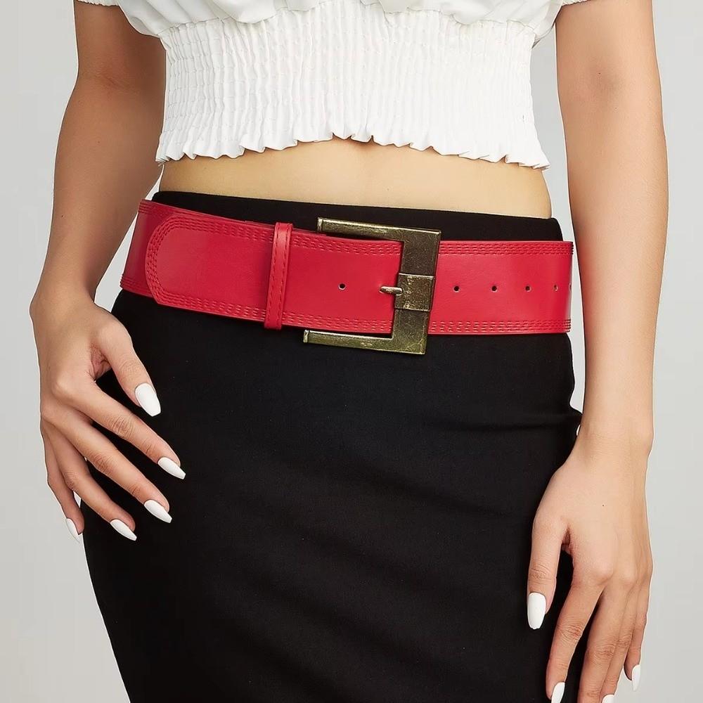 Solid Color Wide Waist Belt Pin Buckle PU Leather Waistbands Trouser Decoration