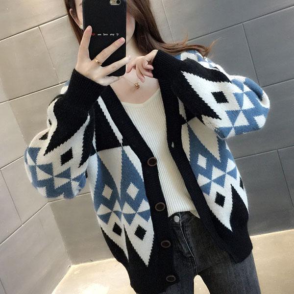 Vintage Spring Autumn Women's Color Block Checked Cardigan Sweater Loose  Short Knit  Jacket Coat