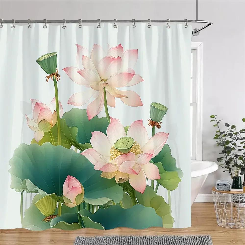 Elegant Lotus Pond Shower Curtain - Traditional Chinese Landscape Design for Modern Bathroom Décor, Waterproof & Easy Care