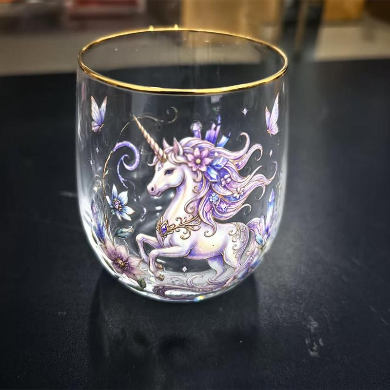 Vintage Painted Animal & Floral Gold Rim Glass Tumbler, Egg-shaped Lead-Free Glass Cup, Creative Gift Cup for Whiskey, Juice and Water