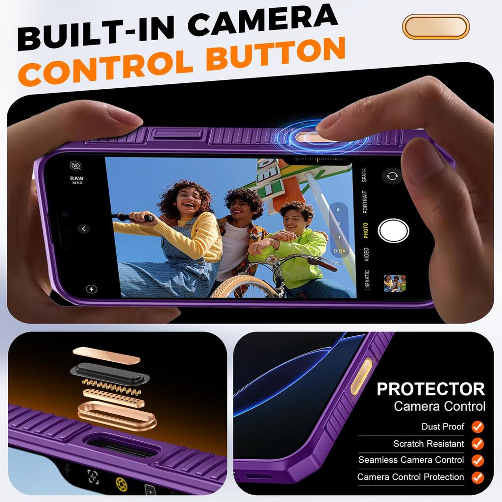 With Card Holder Sliding Camera Cover And Stand For iPhone 16 Pro Max Phone Case, Anti-Fall PC+TPU Wallet Case-Purple