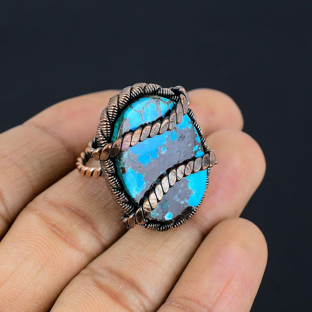 Кольцо ювелирных изделий ручной работы тибетской бирюзовой драгоценной камня, обернутое медной проволокой, для подарка
