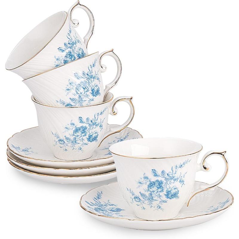 Tea Cups and Saucers Ceramic Coffee Mug 6oz for Coffee, Latte, Cafe Mocha and Tea-Set of 4, White