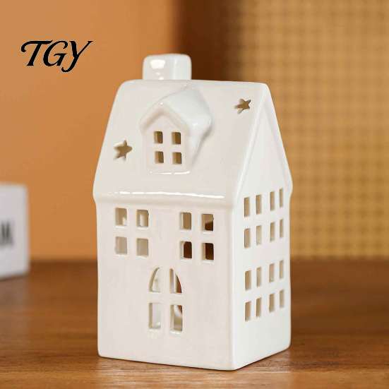 Modern Minimalist Ceramic Art House Shape Candle Holder, White Hollow Tea Light Holder Unique Decor Ornament, Artistic Miniature Figurine for