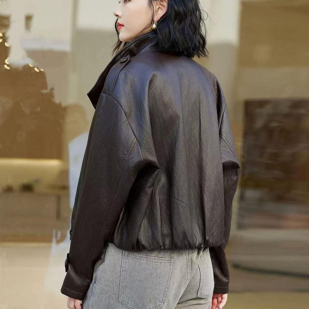 Женская осенняя кожаная мотокуртка в американском стиле 2025 года со стойкой