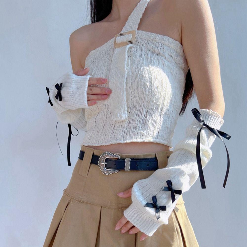 Бантик Балетный Стиль Бант Вязаные Митенки Эластичные Перчатки без Пальцев Y2K Теплые Рукава Лолита