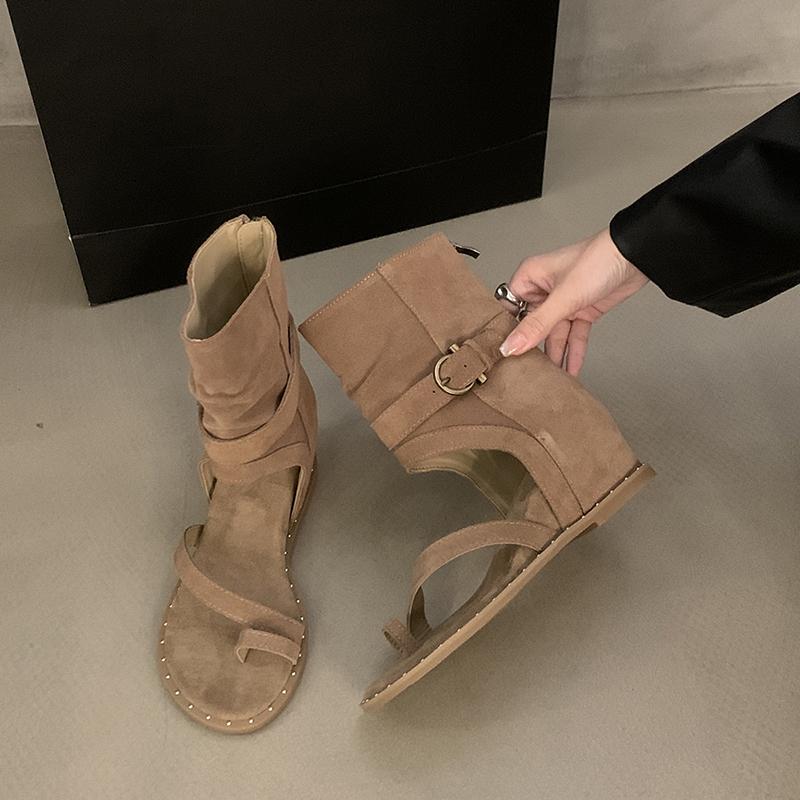 Женские ковбойские сапоги в римском стиле, модные, с застежкой-молнией сзади, до середины голени, с внутренним подъемом, женские туфли