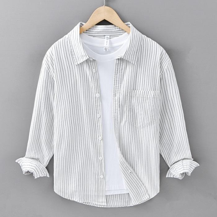 Весенняя мужская полосатая рубашка из чистого хлопка, красивая свободная рубашка с длинным рукавом, литературная и универсальная повседневная блузка