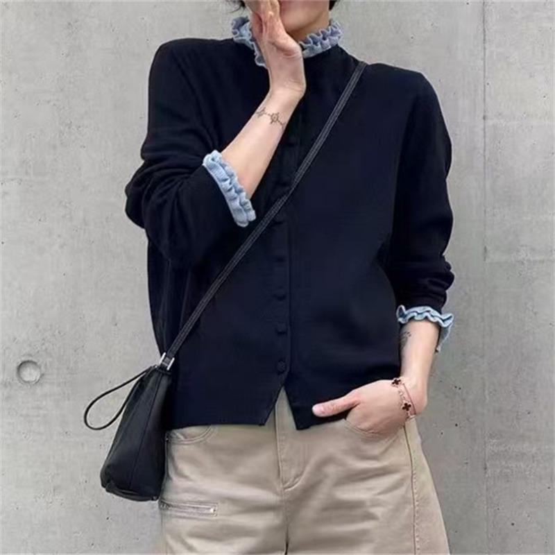 Темпераментный вязаный кардиган с грибным кружевом, новый осенне-зимний, ленивый ветер, круглый вырез, контрастный свитер-жакет, топ для женщин