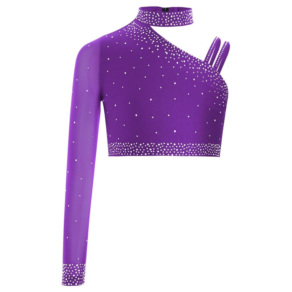 Girls Irregular Shoulder Sparkly Rhinestones Crop Top Dance Performance Stage Costume