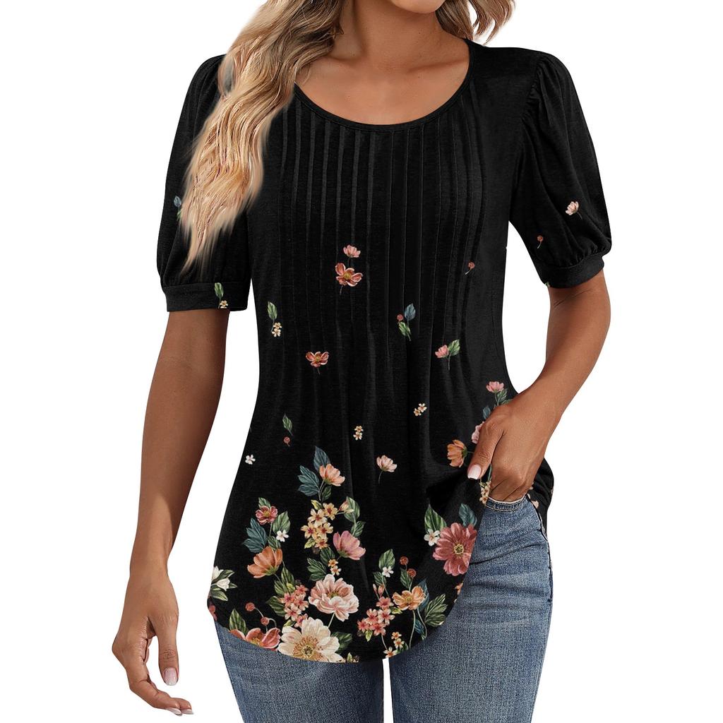 Женские пышные туники с короткими рукавами, топы, плиссированные блузки с воротником, повседневные свободные весенне-летние футболки