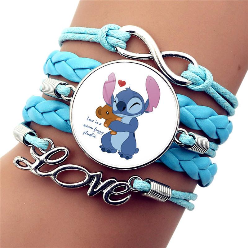 Модный плетеный браслет Stitch синего цвета с мультяшным дизайном из кожи с драгоценными камнями