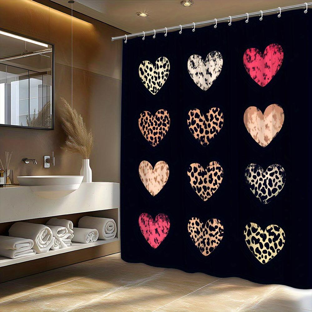 1pc Leopard & Zebra Heart Print Shower Curtain - Black Fabric with Beige & Pink Accents, Stylish Bathroom Decor