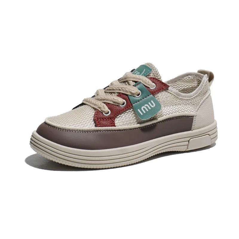 Мода 2025 Обувь Женская Смешанные цвета Сетка Женские Вулканизированные Туфли Уличная Дышащая Женская Обувь Кроссовки На шнуровке Низкий каблук Повседневная обувь