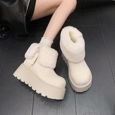Модная зимняя мода Толстая подошва Женские меховые зимние ботинки Лаконичная обувь с увеличением роста Дамские уличные Сохраняющие тепло Хлопковые короткие ботильоны