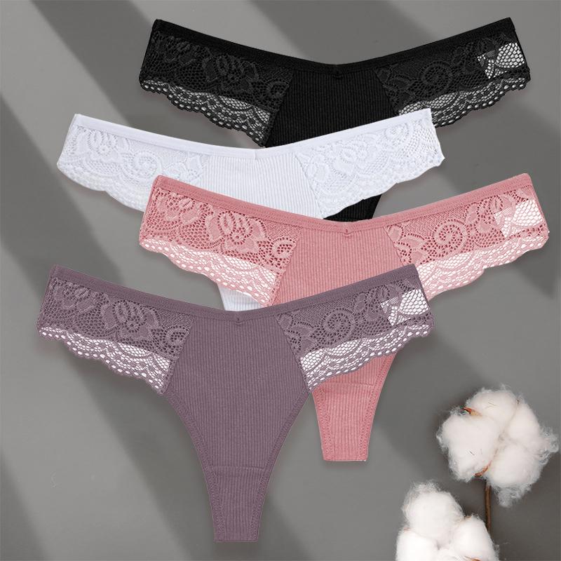 4PCS/Set Sexy V-Waist Women Cotton G-string S-XL Lace Lingerie Panties Thongs Femme Underwear Girls Underpant Intimates