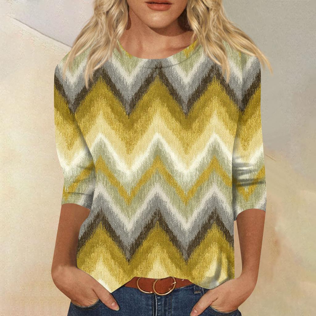 Women's Fashion Casual Round Neck Three-quarter Sleeve Gradient Print T-shirt Top