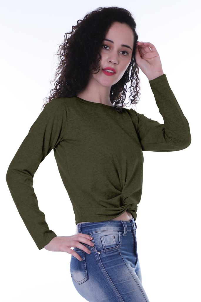 Moomaya Womens Full Sleeves Front Knot Crop Top Summer Tshirt Plain Tee Tops