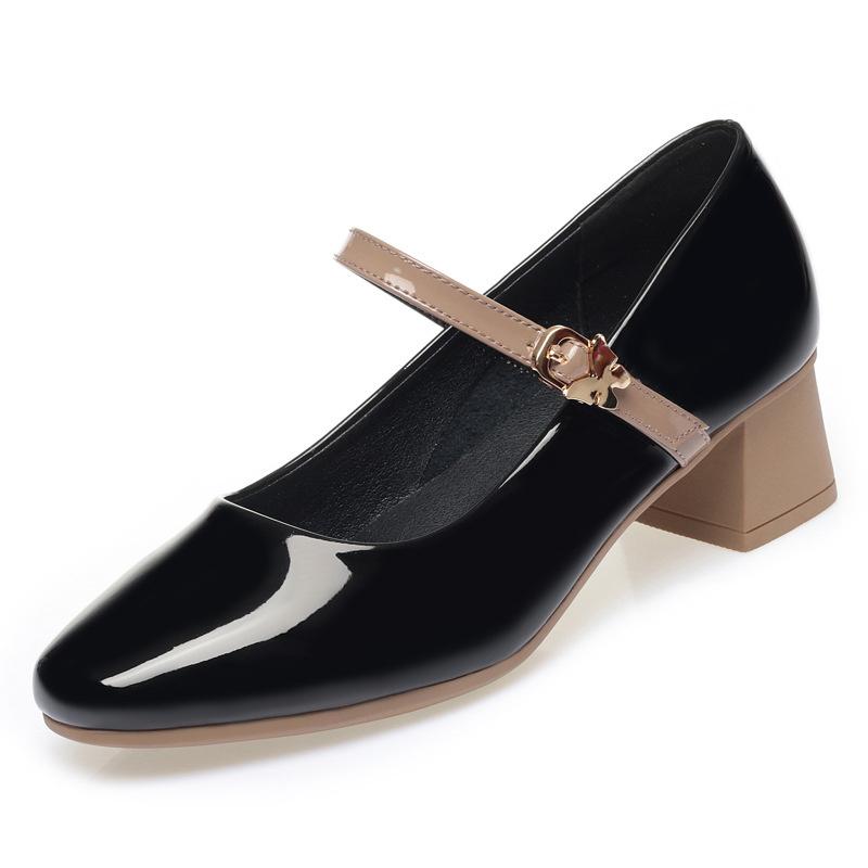 Spring New Women's Black Mary Jane Shoes Soft Leather Square Heel Dress Shoes Shallow Mouth Buckle Strap Single Shoes
