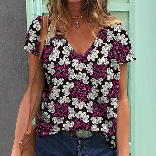 Женская футболка с v-образным вырезом, летняя модная женская одежда, топы с 3d винтажным принтом, повседневная одежда для девочек, женский пуловер большого размера