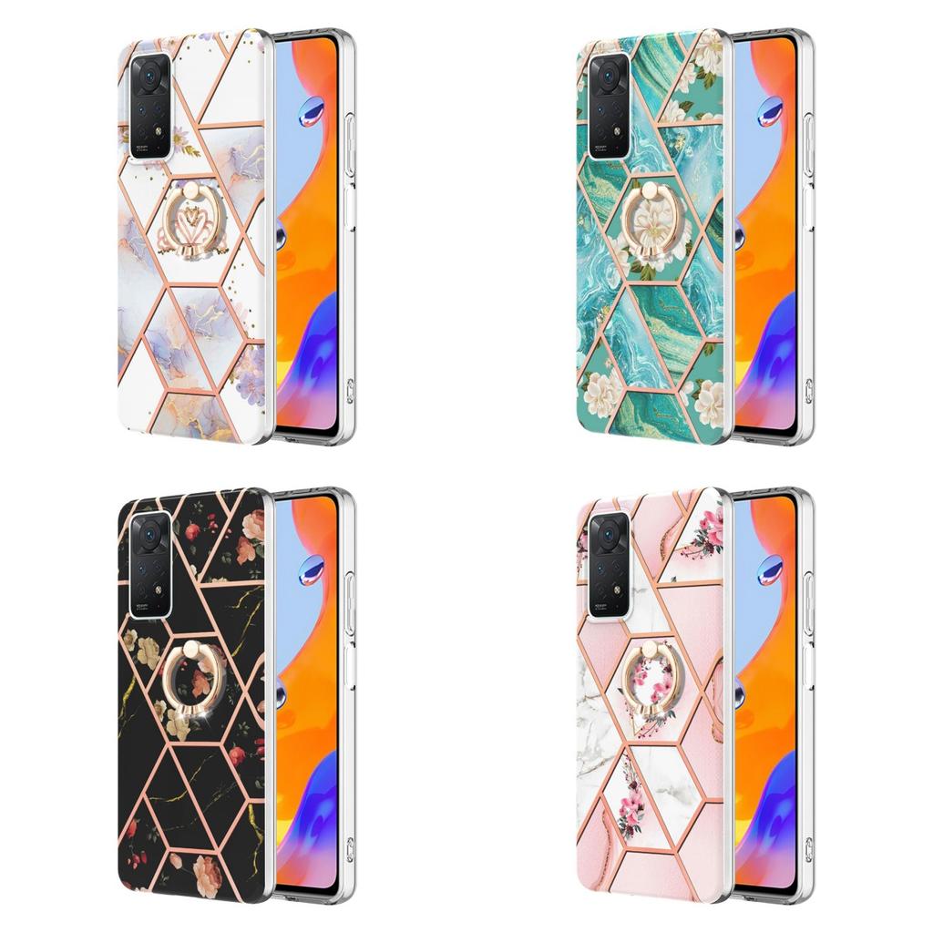 Ультратонкий чехол для телефона Ring Bracket Golden Border Grid Marble Flower IMD для Xiaomi Redmi Note 11S, Note 12 Pro 4G, Xiaomi 11T, Redmi 10, Poco X3 NFC...