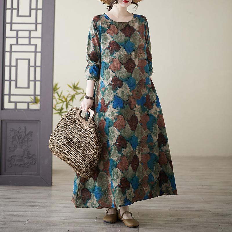 Весеннее литературное платье больших размеров с принтом, круглой горловиной и длинными рукавами, вечерние платья для женщин