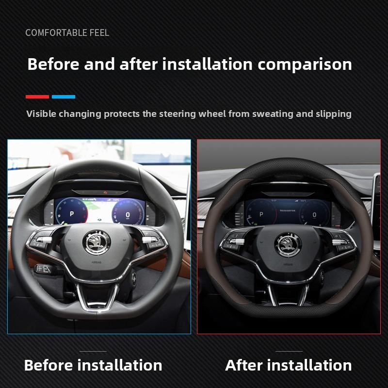 AAABP1 Leather Car Steering Wheel Cover for Skoda Karoq Enyaq Superb Enyaq Kodiaq Scala Fabia Octavia 2024 2025 2026 Accessories