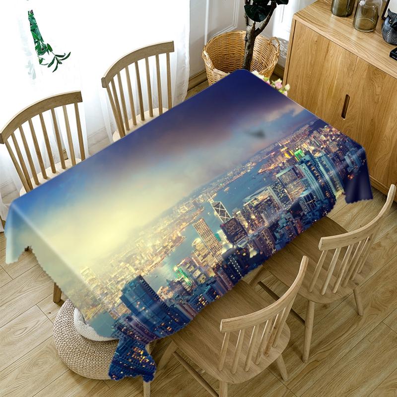 Harbour City Nightscape Pattern Tablecloth Dustproof Thicken Cotton Rectangular Round Table Cloth For Wedding Picnic Party