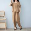 Женский комплект из хлопка и льна, повседневный комплект из 2 предметов: топ с короткими рукавами, круглым вырезом и длинными брюками с карманами, летний свободный домашний костюм