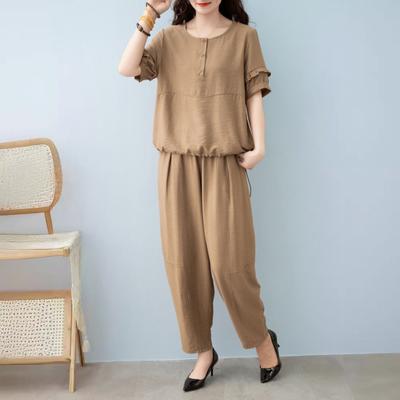 Женский комплект из хлопка и льна, повседневный комплект из 2 предметов: топ с короткими рукавами, круглым вырезом и длинными брюками с карманами, летний свободный домашний костюм