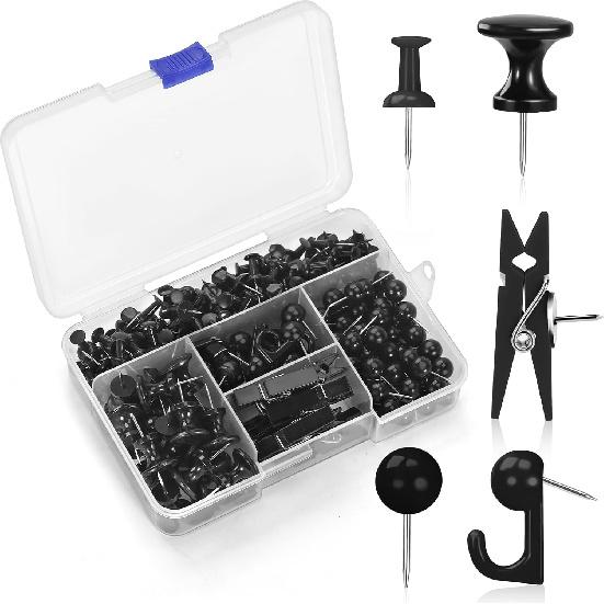 240Pcs Black Push P,5 Style Thumb Tacks, Black Plastic Push P for Bulletin Boards, Cork Board,Wall,Cork Board Accessories, Office Home Supplies