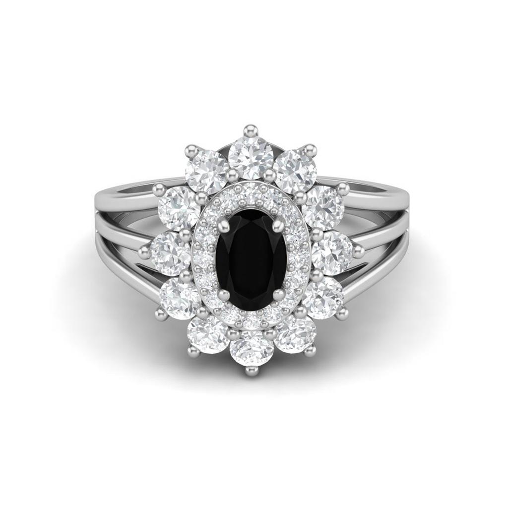 6X4MM Oval Black Spinel Gemstone 925 Sterling Silver Halo Split Shank Ring