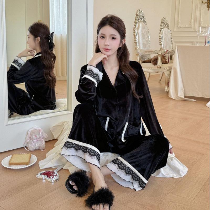 New golden velvet pajamas women's autumn and winter cardigan comfortable lace temperament French long-sleeved trousers set loungewear