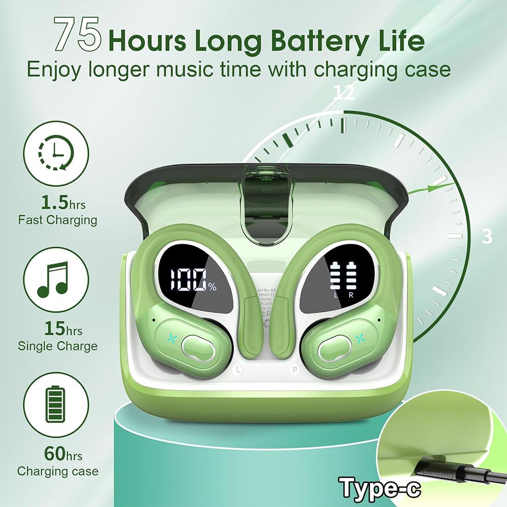 Bluetooth Headphones Wireless Earbuds 75Hrs Playtime with LED Charging Case Sport Ear Buds with Earhook Deep Bass IP7 Waterproof