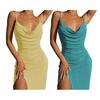 Women Sling Dress V-Neck Sleeveless Slim Fit Beach Dress Solid Color Glossy Surface Midi Dress Daily Wear